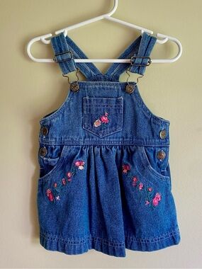 Vintage Eaton Baby Denim Floral Embroidered Overalls Dress 12M